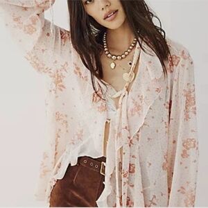 Free People Dreamland Floral Ruffle Tunic Blouse XS Oversized Button Front Sheer